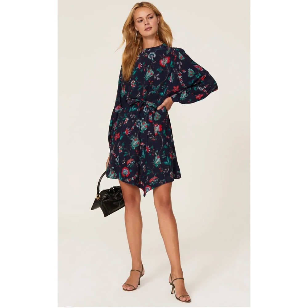 Derek Lam Navy Floral Dress Long Sleeve Belted Mini Sz 46 / 10‎ US